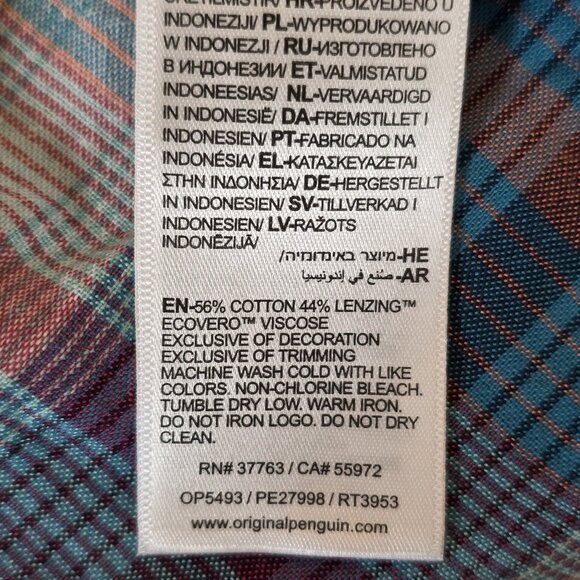Original Penguin Shirt Mens 2XL Blue Pink Plaid Button Down Mosaic EcoVero Logo - Picture 12 of 16